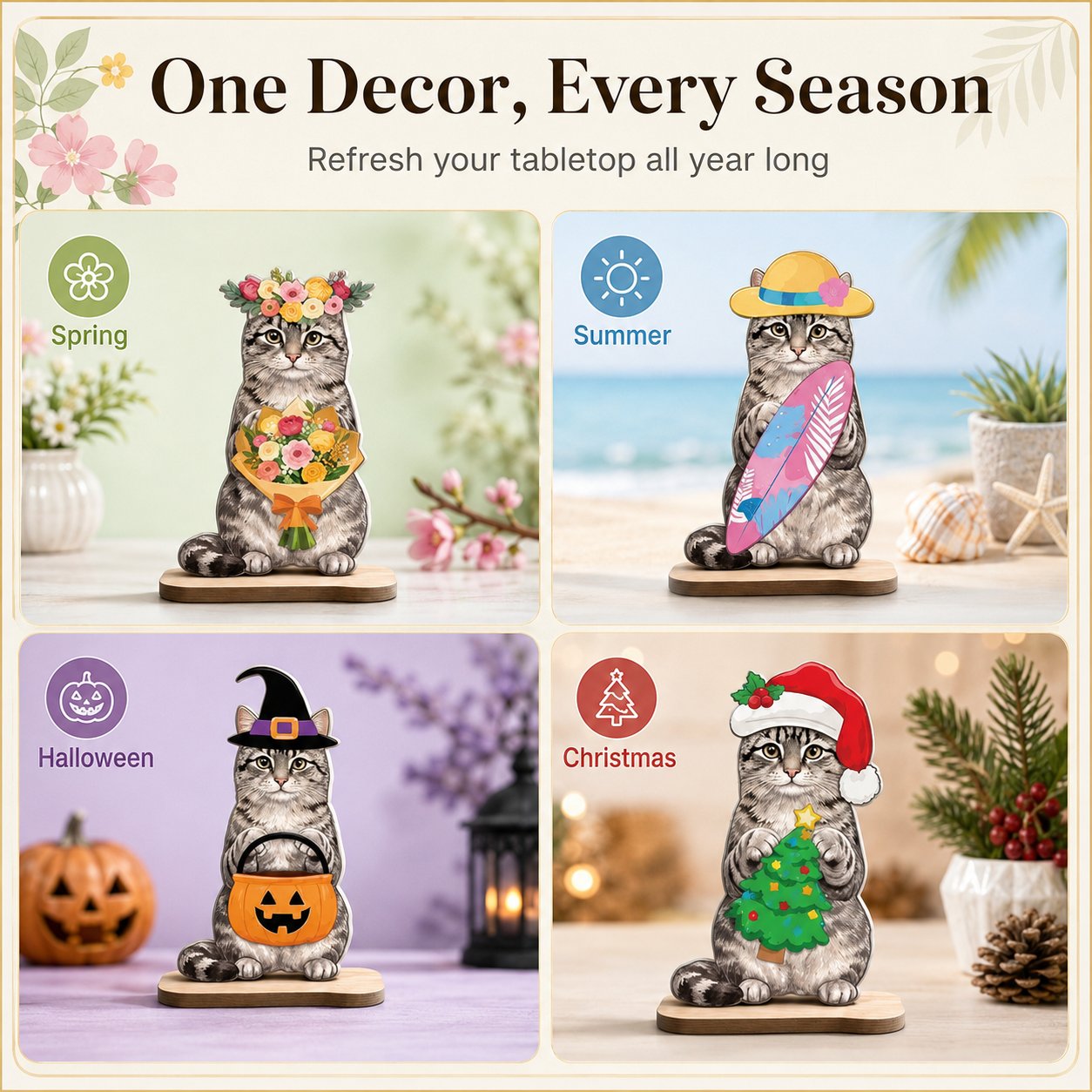 🔥 Last Day 51% OFF - Interchangeable Magnetic Seasonal Cat Wooden Tabletop Decor Set