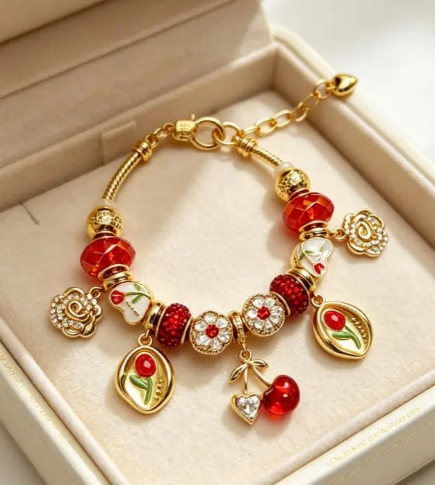 Sweet Red Cherry & Rose Charm Bracelet, Gold-Tone Snake Chain with Red Crystal Beads & Enamel Flowers, Adjustable Fashion Jewelry for Women