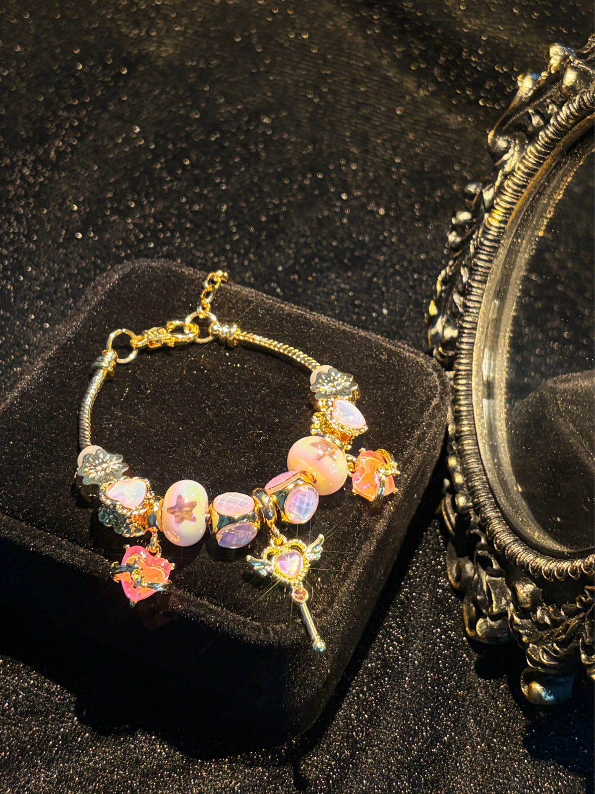 Women's Gold-Tone Magical Girl Snake Chain Bracelet, Adjustable Extension Chain, Enamel Magic Wand Heart Flower Dangle Pendants, Iridescent Pink-Orange Glass Beads, Stackable Costume Jewelry for Daily Party Gifting