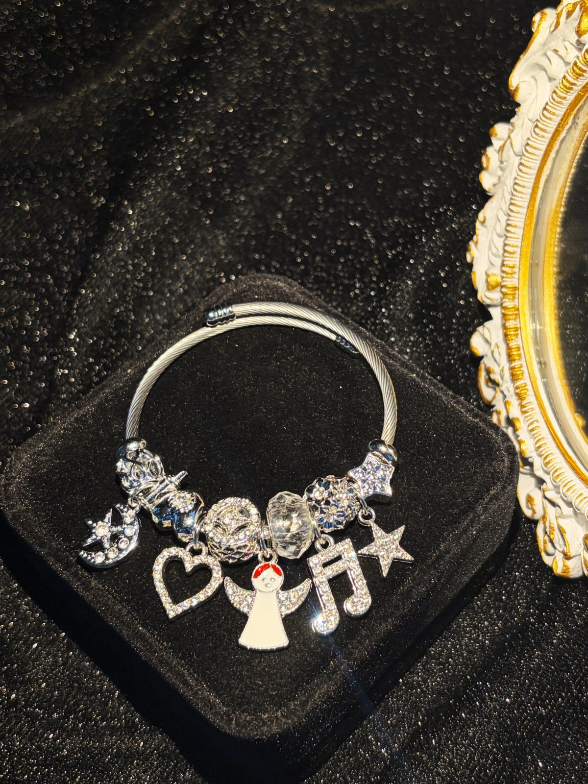 Sparkling Rhinestone Angel Music Note Heart Star Dangle Charms Silver Tone Open Wire Bangle, Elegant Beaded Jewelry Gift for Women