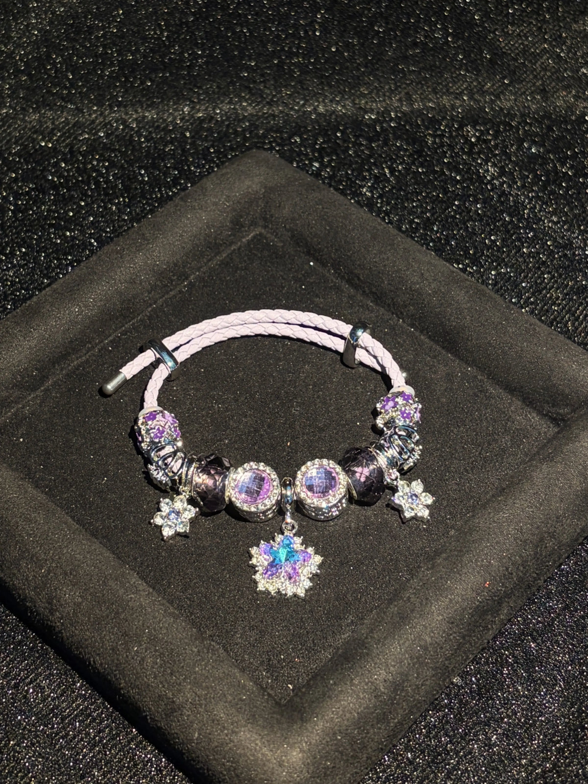 Purple Star & Flower Multi-Charm Braided Rope Bracelet - Sparkly Rhinestone Crystal Decor, Stackable Fashion Jewelry Gift for Women