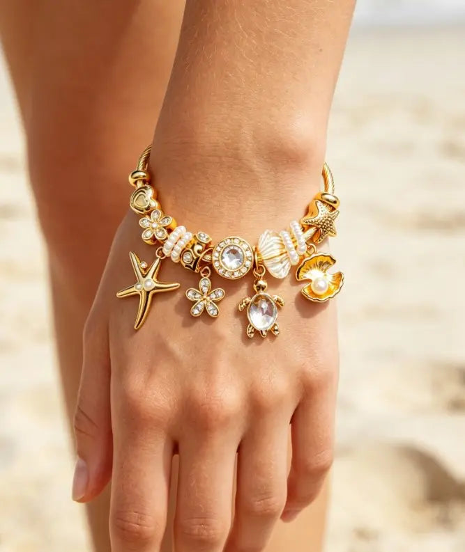 Gold Tone Ocean Theme Cable Wire Charm Bracelet, Starfish, Turtle, Shell, Flower Crystal Pearl Dangle Bangle, Adjustable Open Cuff Beach Jewelry Gift for Women Girls