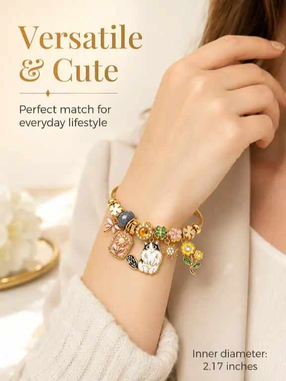 Women's Adjustable Gold-Plated Cat Charm Bangle - Enamel Flower, 4-Leaf Clover, Twisted Cable Wire, Dangle Bead Costume Jewelry Gift