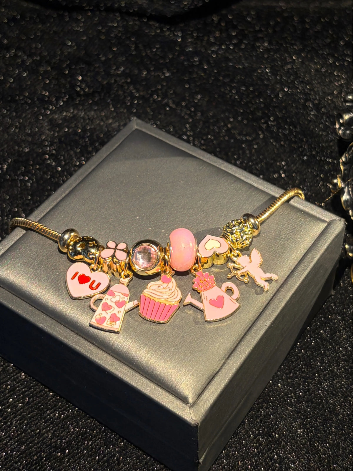 Women's Gold-Tone Charm Bracelet - Adjustable Costume Jewelry with Sweet Pink Cupcake, Teapot Beads & Romantic Heart Angel Pendant, Gift for Women