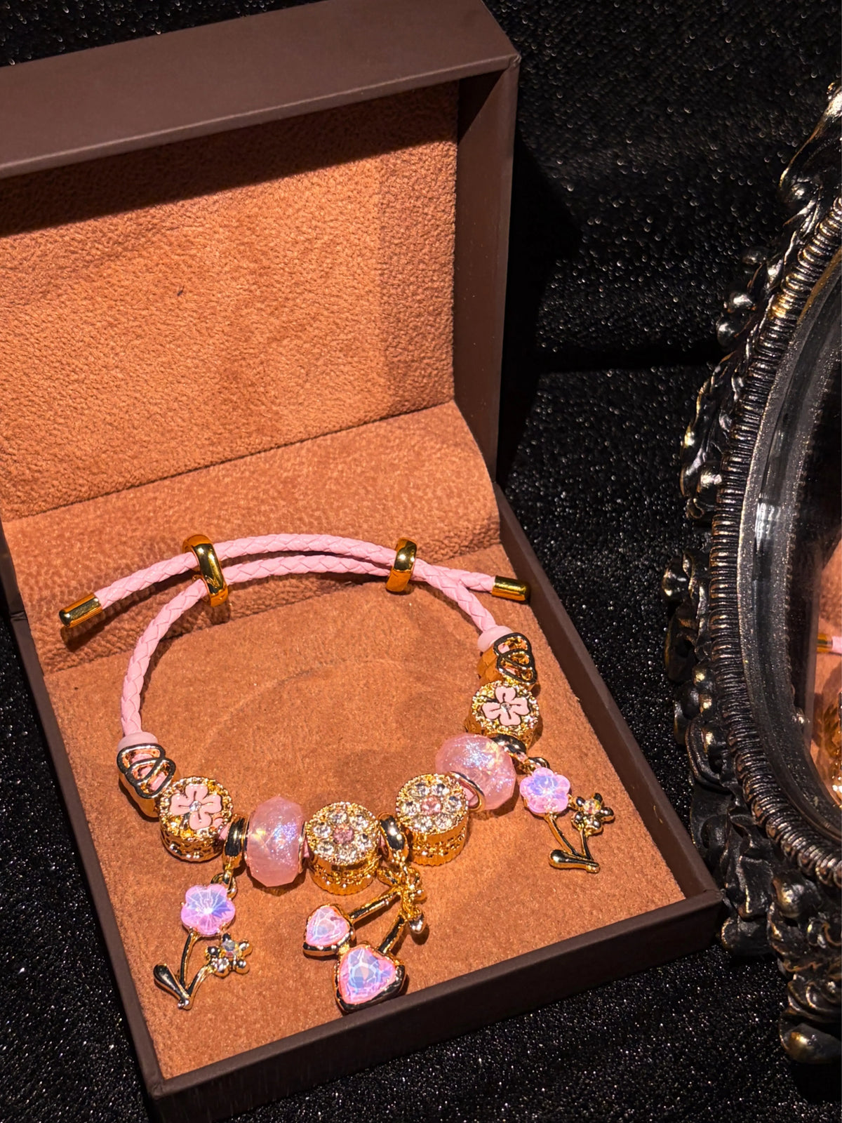 Women's Blush Pink Faux Leather Rope Charm Bracelet - Gold-Tone, Cherry Heart & Flower Crystal Pendants - Sweet Elegant Costume Jewelry Statement Piece