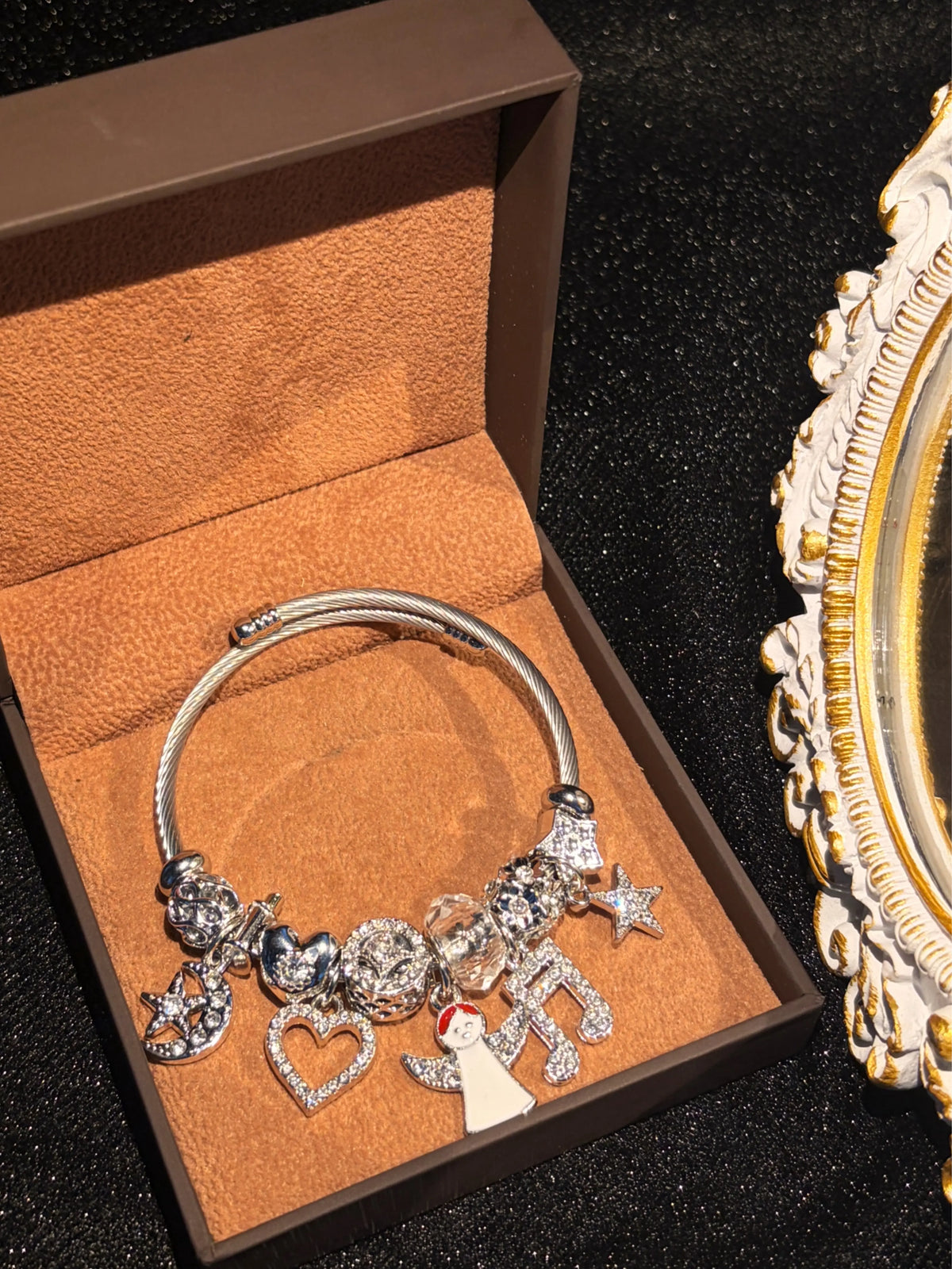 Sparkling Rhinestone Angel Music Note Heart Star Dangle Charms Silver Tone Open Wire Bangle, Elegant Beaded Jewelry Gift for Women