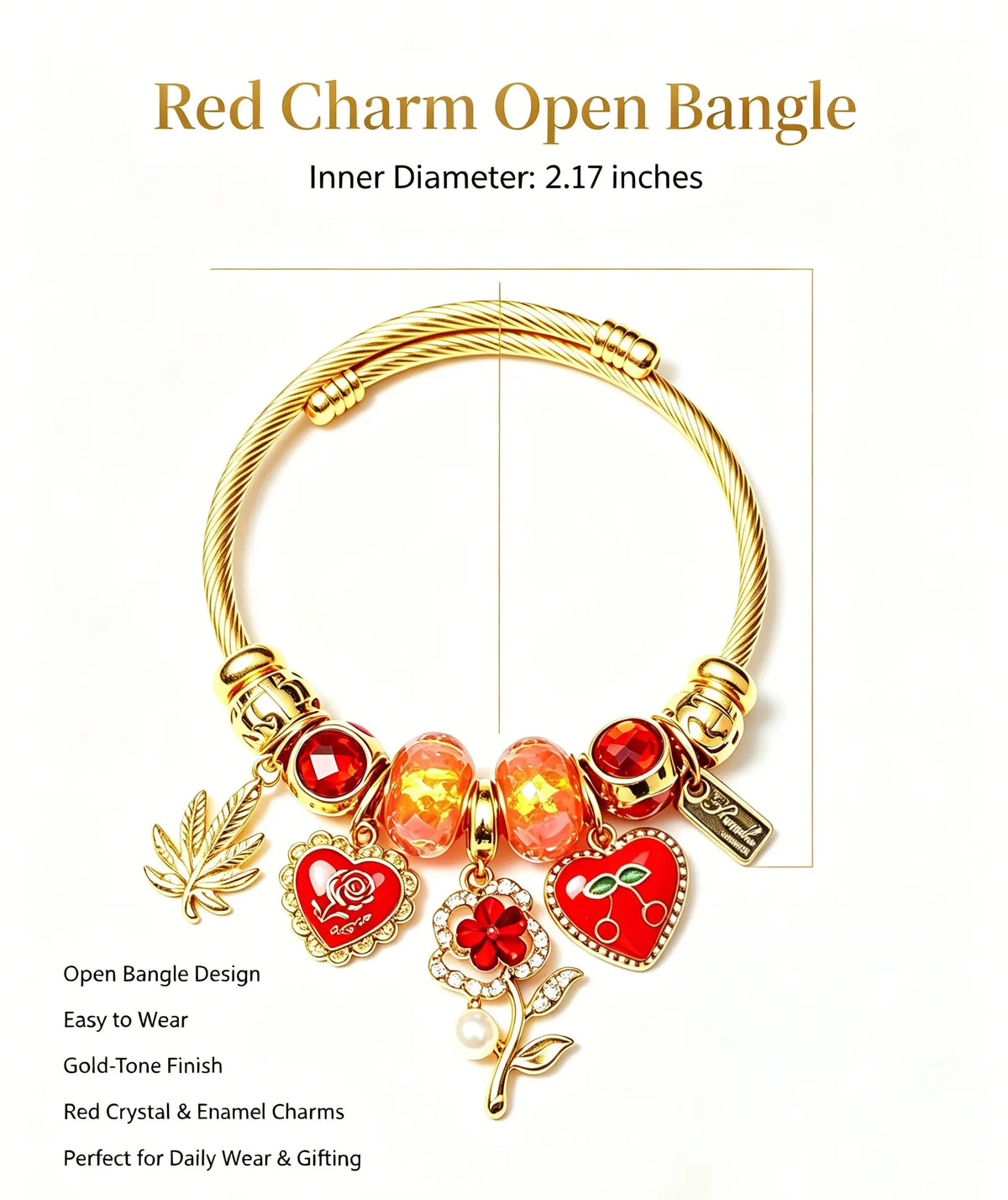 Charm Open Cuff Bangle Bracelet, Gold Twisted Wire Bracelet with Red Heart Cherry Rose Flower Charms, Dainty Adjustable Beaded Bracelet Jewelry Gift for Women Girls