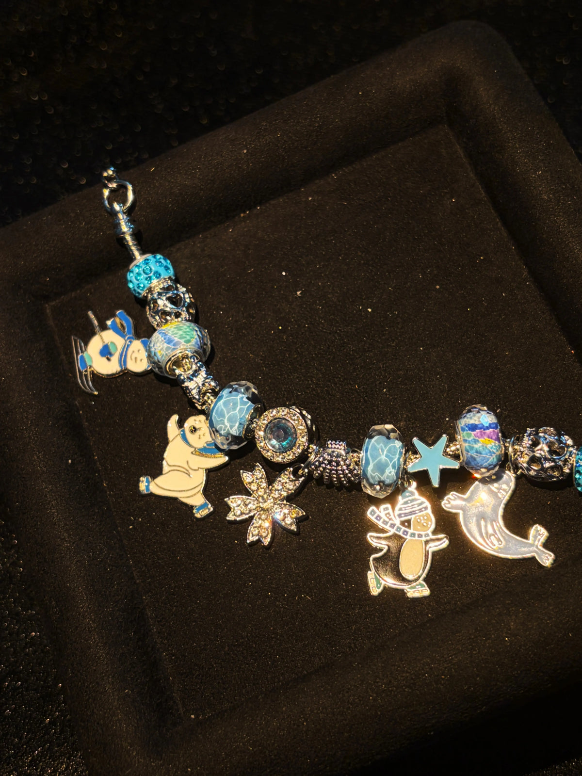 Women's Adjustable Silver-Tone Snake Chain Bracelet with Water-Ripple Blue Beads, Animal Snowflake Pendants and Removable Large Hole Beads Costume Jewelry