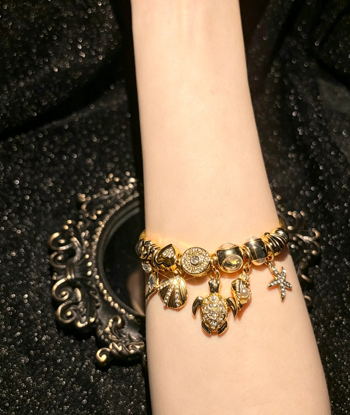 Women's Adjustable Gold-Tone Open Cuff Bangle - Ocean Charm Bracelet with Sparkling Turtle, Starfish, Shell Crystal Pendants - Costume Jewelry Gift