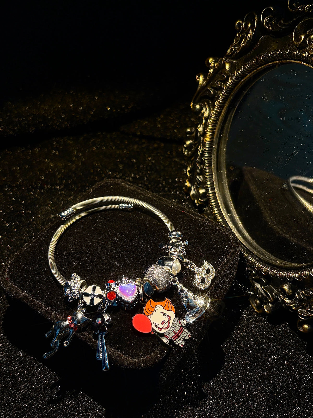 Halloween Clown Charm Bangle Bracelet, Silver Tone Adjustable Wire Bangle with Witch Hat Heart Dangle Charms, Gothic Spooky Costume Jewelry Gift for Women Girls