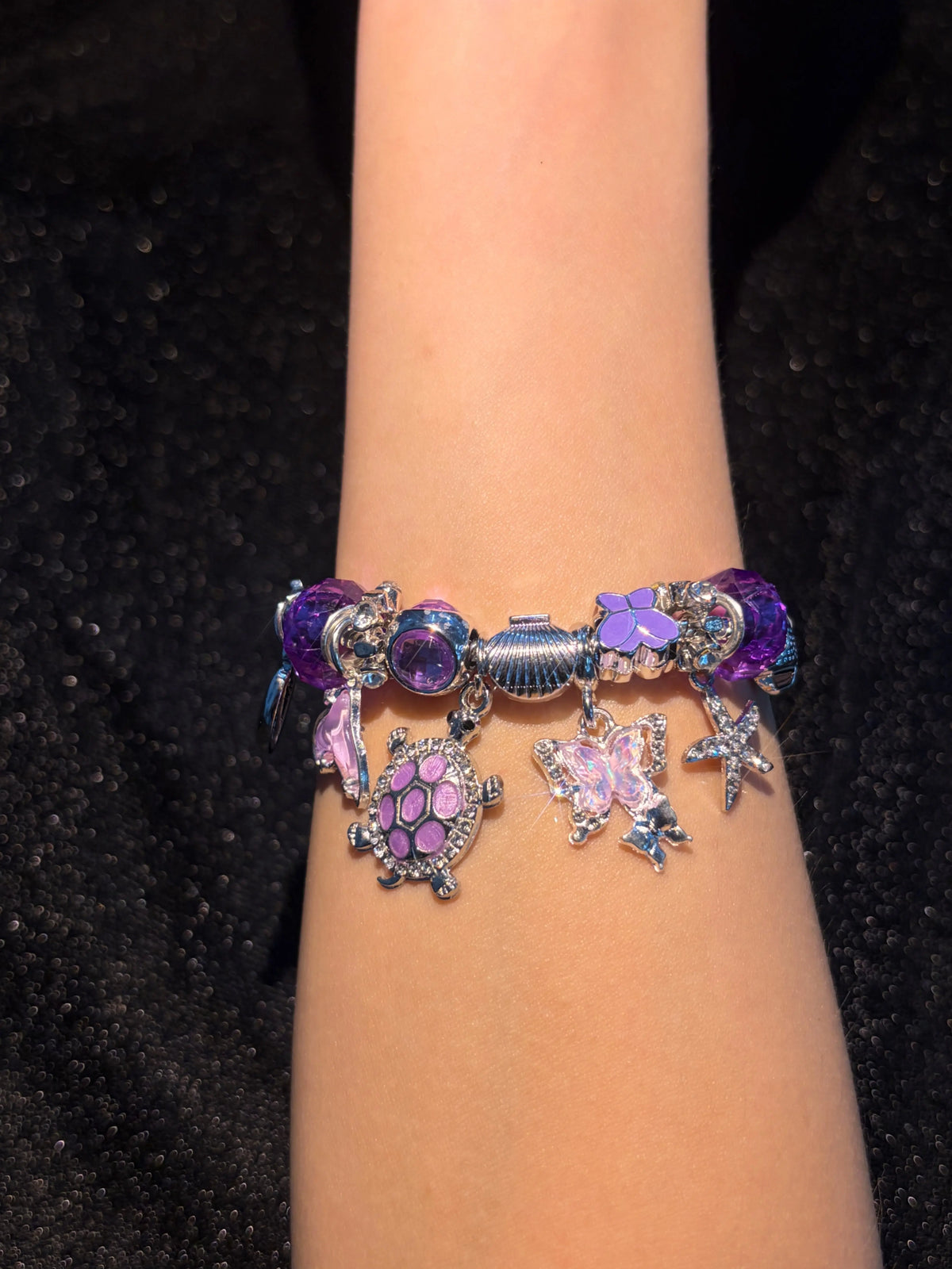 Women's Silver-Tone Ocean Turtle Snake Chain Bracelet, Adjustable Extension Chain, Enamel Turtle Shell Starfish Butterfly Dangles, Purple & Green Crystal Beads, 2-Color Options, Stackable Beach Costume Jewelry Gift