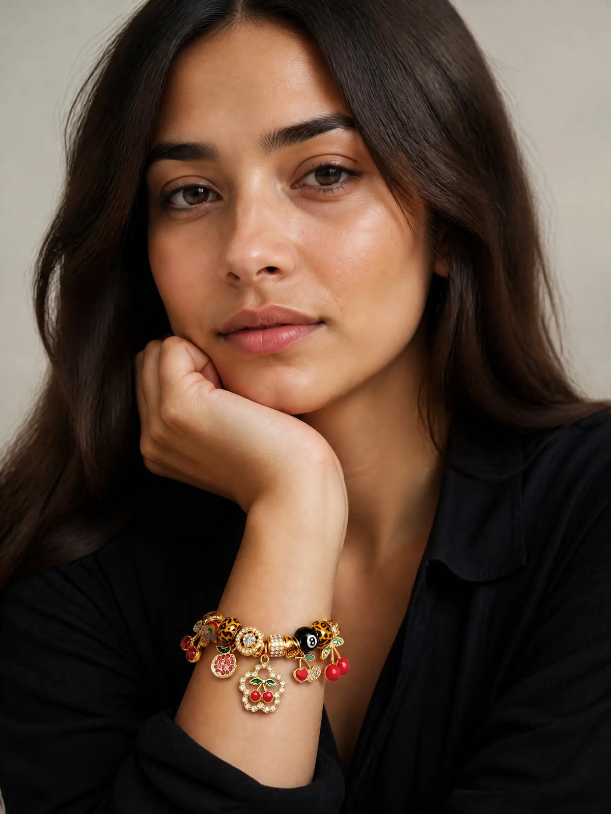 Retro Fun Beaded Bracelet with Leopard, Cherry & 8-Ball Charms – Stylish & Versatile Fashion Accessory