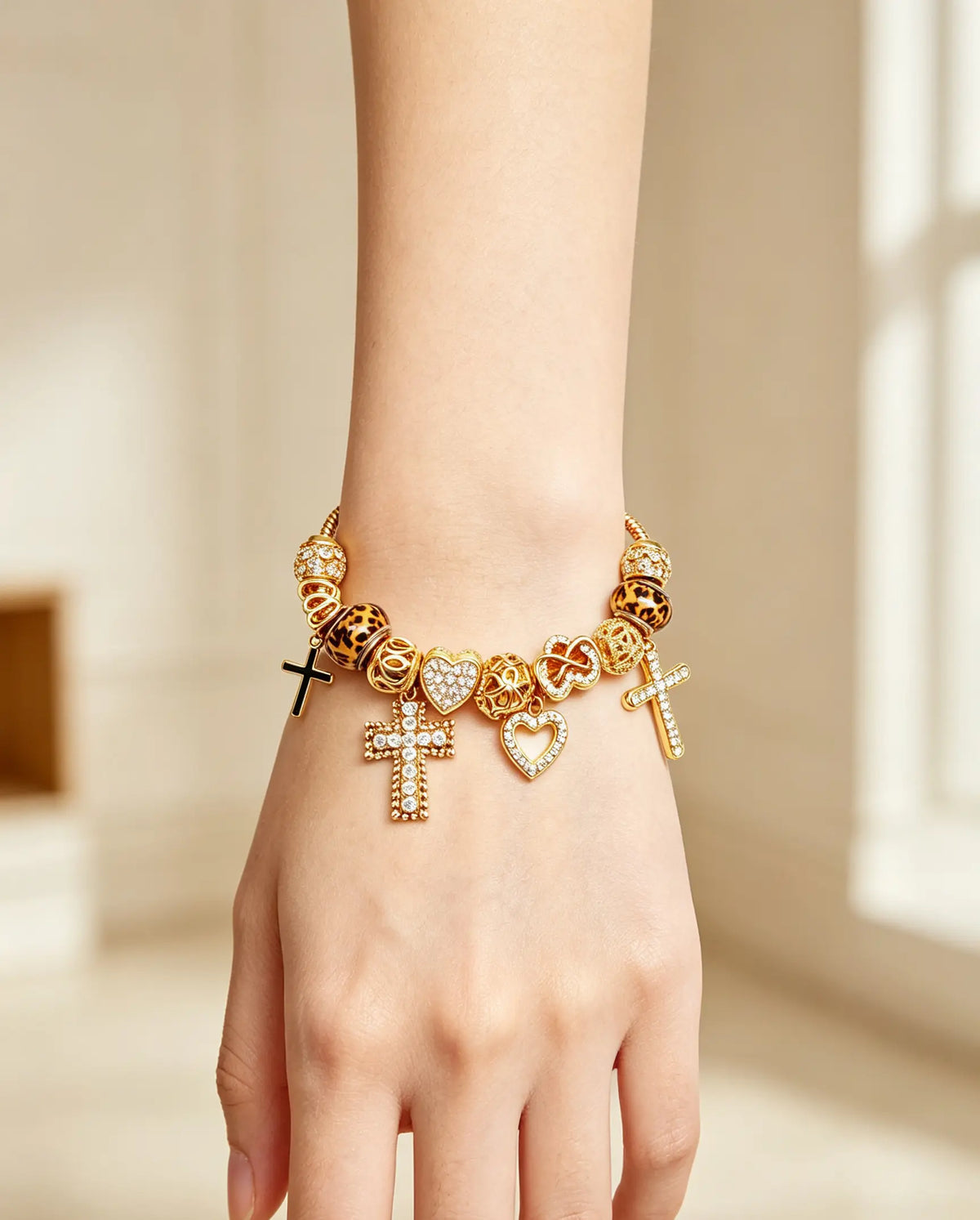 Gold Plated Leopard Print Bead Charm Bracelet, Cross & Heart Crystal Dangle Snake Chain Bracelet, Vintage Luxury Stackable Jewelry Gift for Women