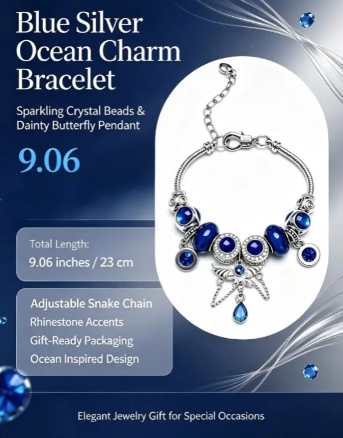 Blue Crystal Butterfly Charm Bracelet for Women, Adjustable Silver Snake Chain Beaded Bangle with Rhinestone Teardrop Pendant, Ocean Themed Dainty Jewelry Gift for Teen Girls