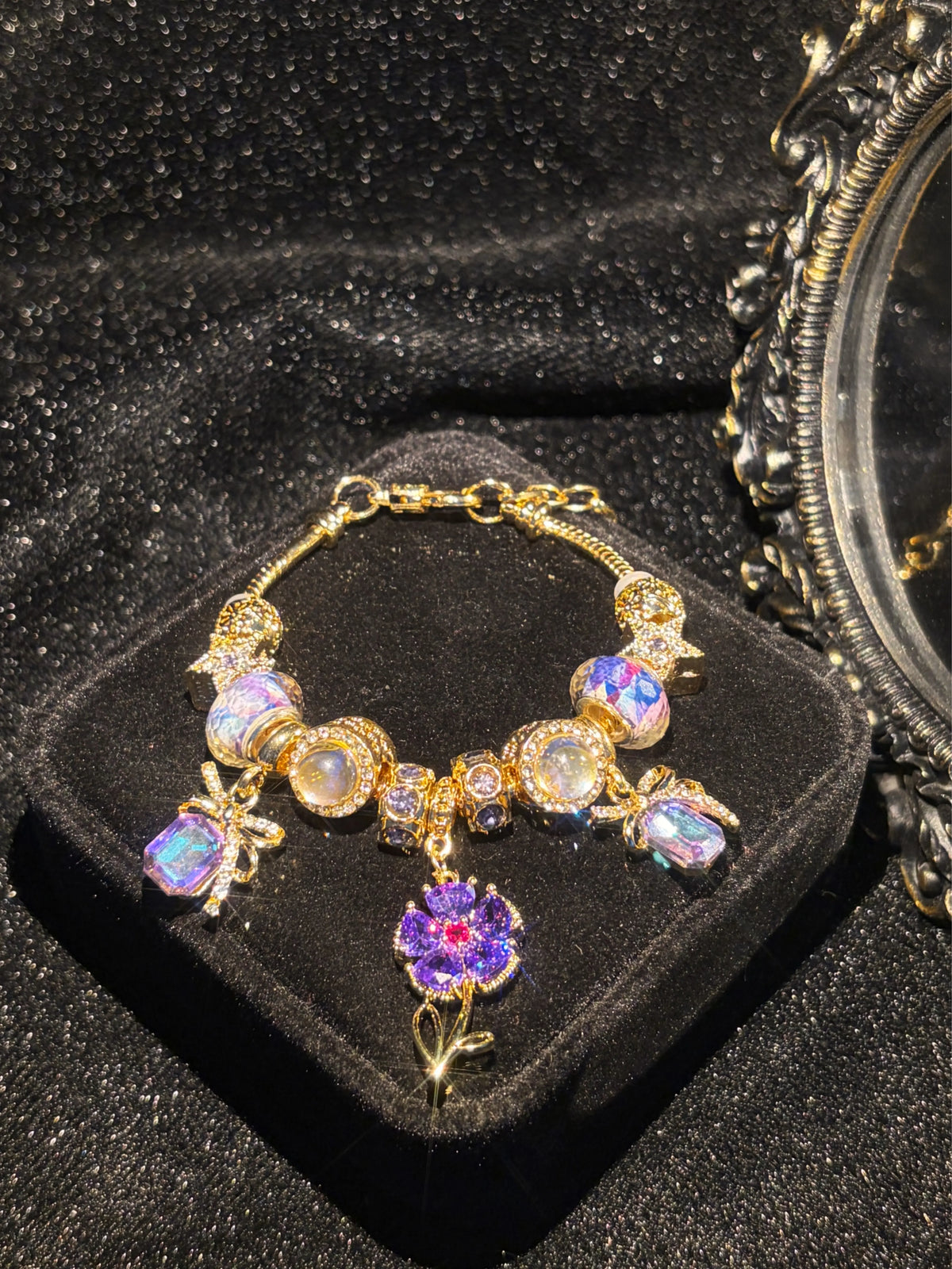 Women's Gold-Tone Purple Flower Charm Bracelet - Iridescent Crystal, Bow Star Pendants, Adjustable Length, Vintage Luxurious Statement Jewelry, Party Ready Costume Accessory