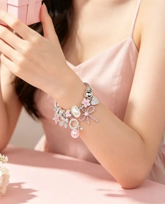 Women's Silver Twisted Wire Open Cuff Bracelet - Dual-Style Pink & White Rhinestone, Bow, Star, Heart, 4-Leaf Clover, Pearl Pendant Bangle, Stackable Dainty Costume Jewelry Gift