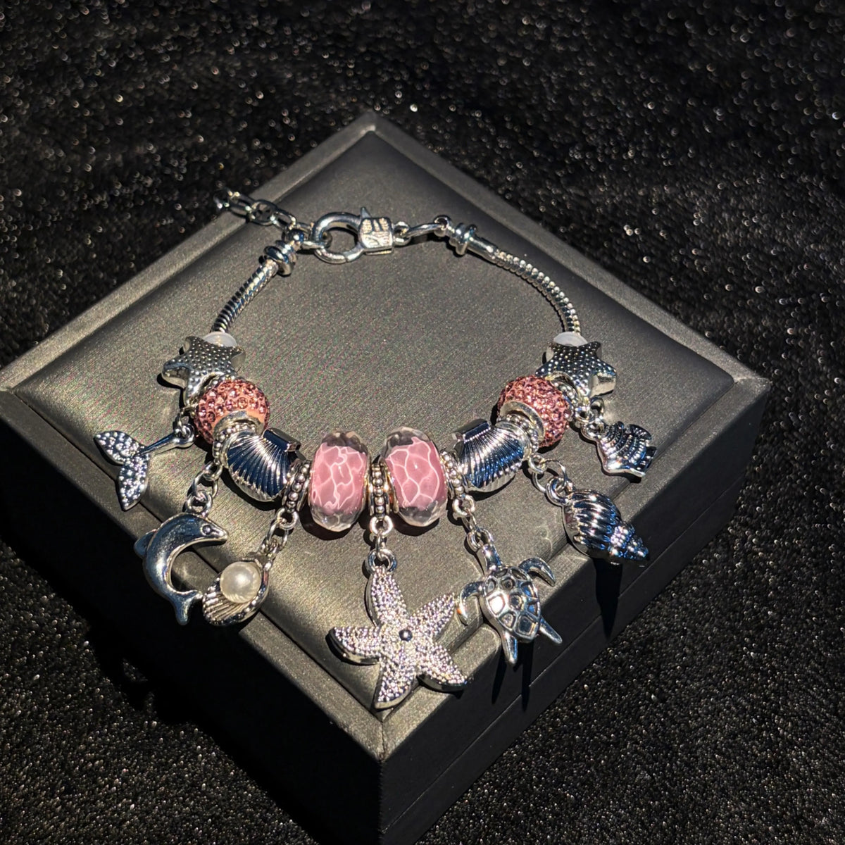 Silver‑Tone Ocean Theme Charm Bracelet for Women, Sea Life Dangle Charms Dolphin,Starfish,Turtle,Shell Conch Mermaid Tail, Murano Glass Beads, 2 Colors Blue Pink Option, Summer Beach Jewelry Gift for Girls
