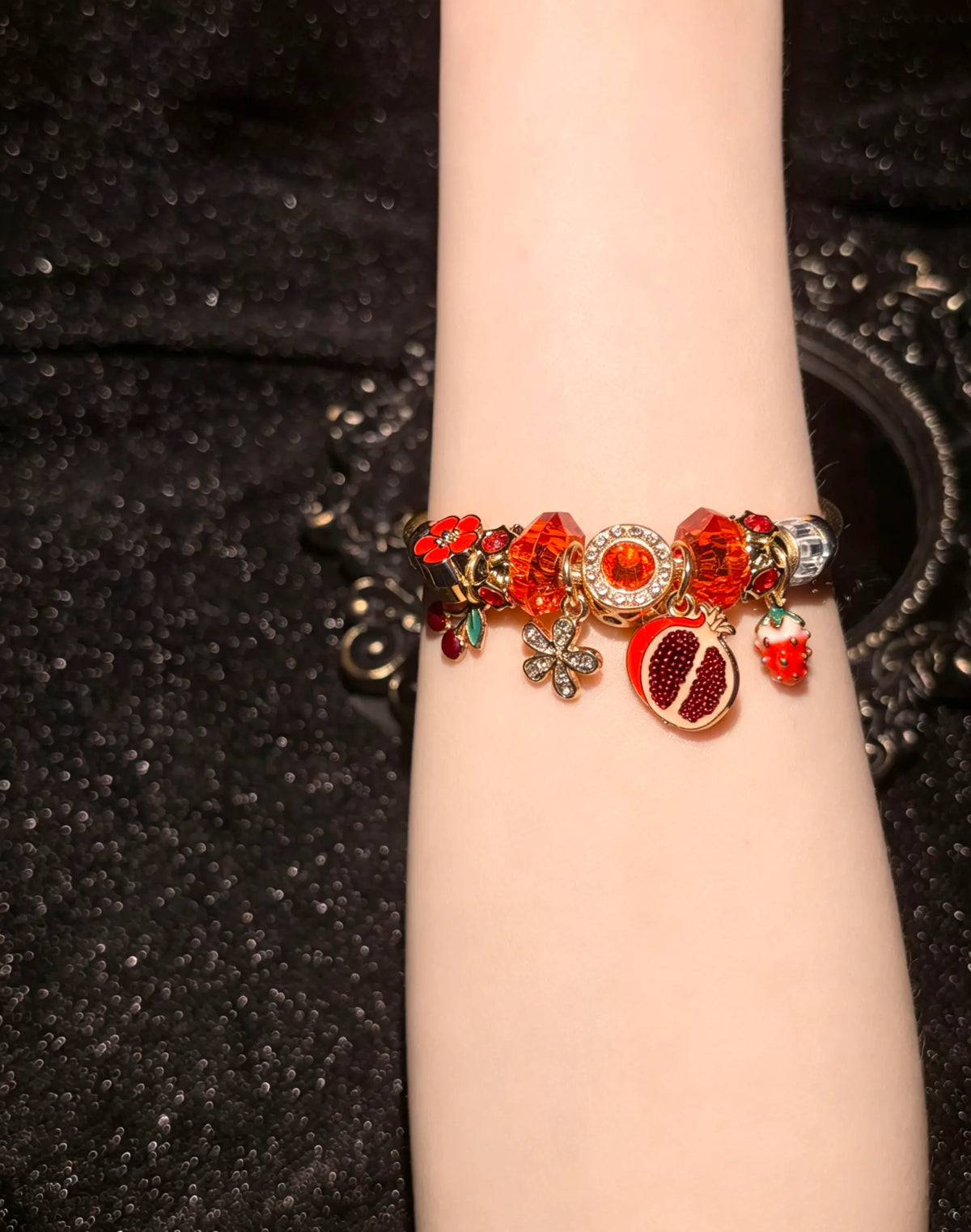 Women's Gold-Tone Wire Open Bangle Bracelet, Fruit-Themed Jewelry with Pomegranate, Strawberry, Cherry, Flower Enamel Charms, Elegant Stackable Gift