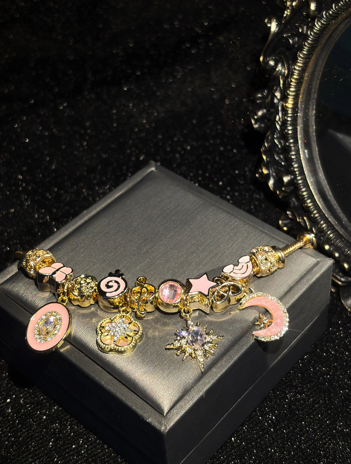 Women's Pink Gold Enamel Charm Bracelet - Gold-Tone Adjustable Snake Chain with Sun, Star-Burst, Lollipop, Music Note, Heart Dangle Charms, Rhinestone Fashion Jewelry Gift for Teen Girls