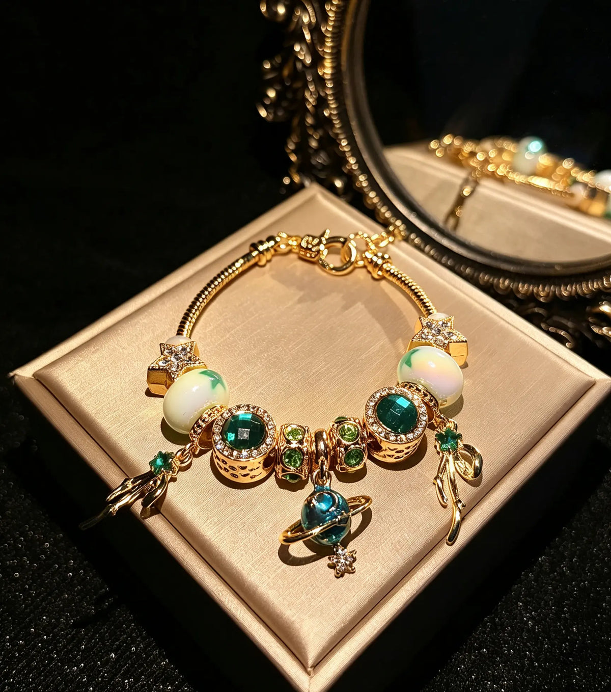 Gold Tone Planet Charm Beaded Bracelet, Emerald Green Rhinestone Star Enamel Bead Snake Chain Bracelet, Adjustable Space Themed Jewelry Gift for Women