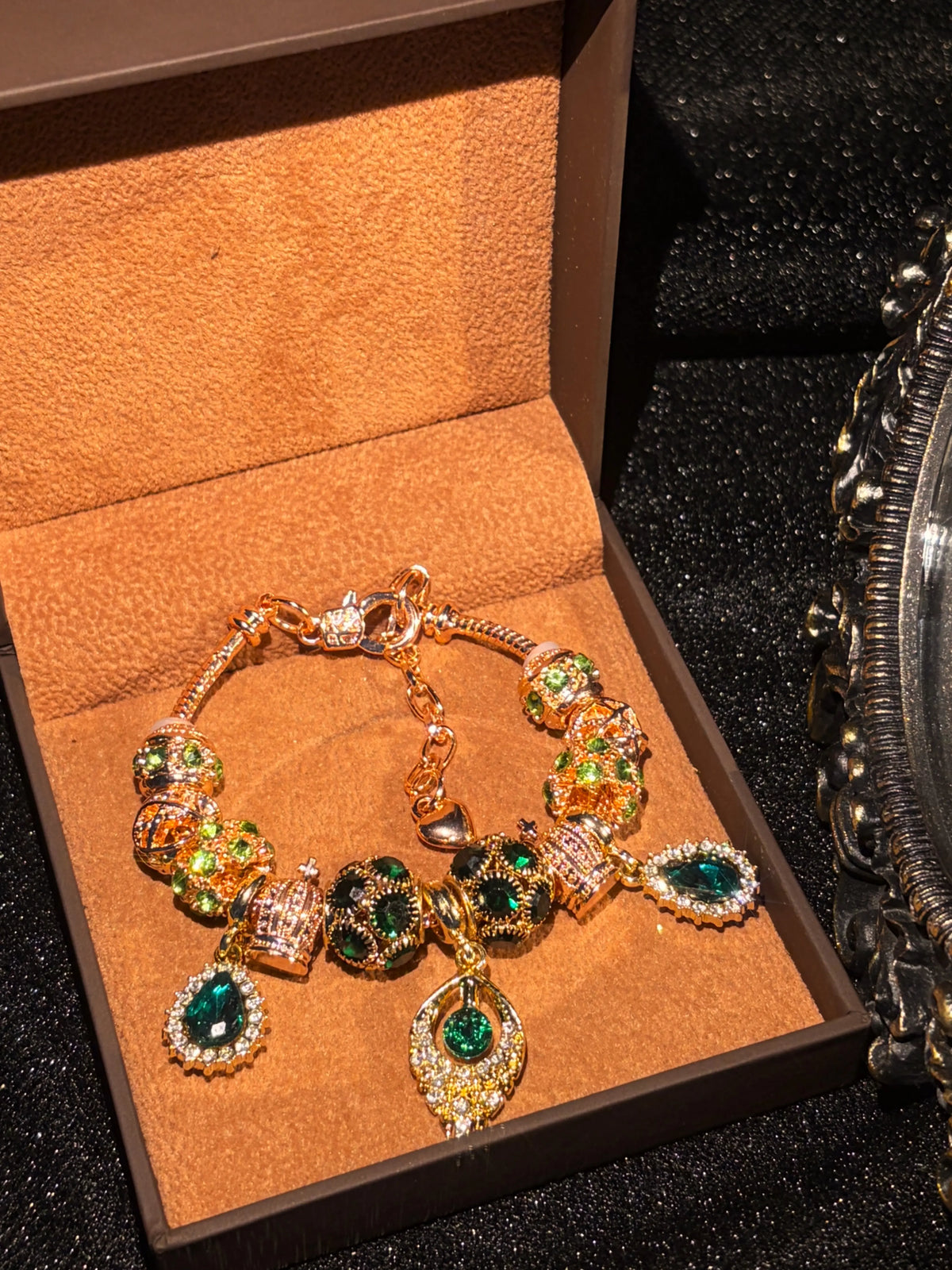 Women's Peacock Feather Charm Bracelet - Rose Gold-Tone Chain, Sparkling Green Crystal Beads, Vintage Elegant Costume Jewelry Gift
