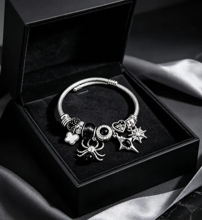 Silver Twisted Cable Open Bangle Bracelet, Black Crystal Spider & Gothic Heart Star Charms Beaded Bracelet, Punk Fashion Jewelry Gift for Women