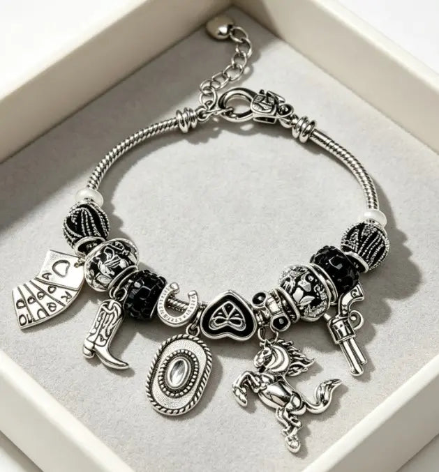 Western Cowboy Charm Snake Chain Bracelet, Unisex Vintage Silver Dangle Bead Bracelet, Cowgirl Horse Gun Boot Pendant Bangle Jewelry Gift for Men Women