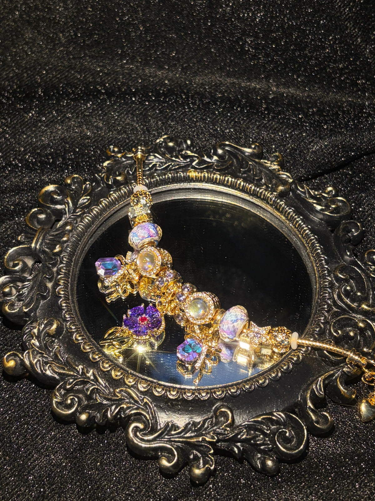 Women's Gold-Tone Purple Flower Charm Bracelet - Iridescent Crystal, Bow Star Pendants, Adjustable Length, Vintage Luxurious Statement Jewelry, Party Ready Costume Accessory