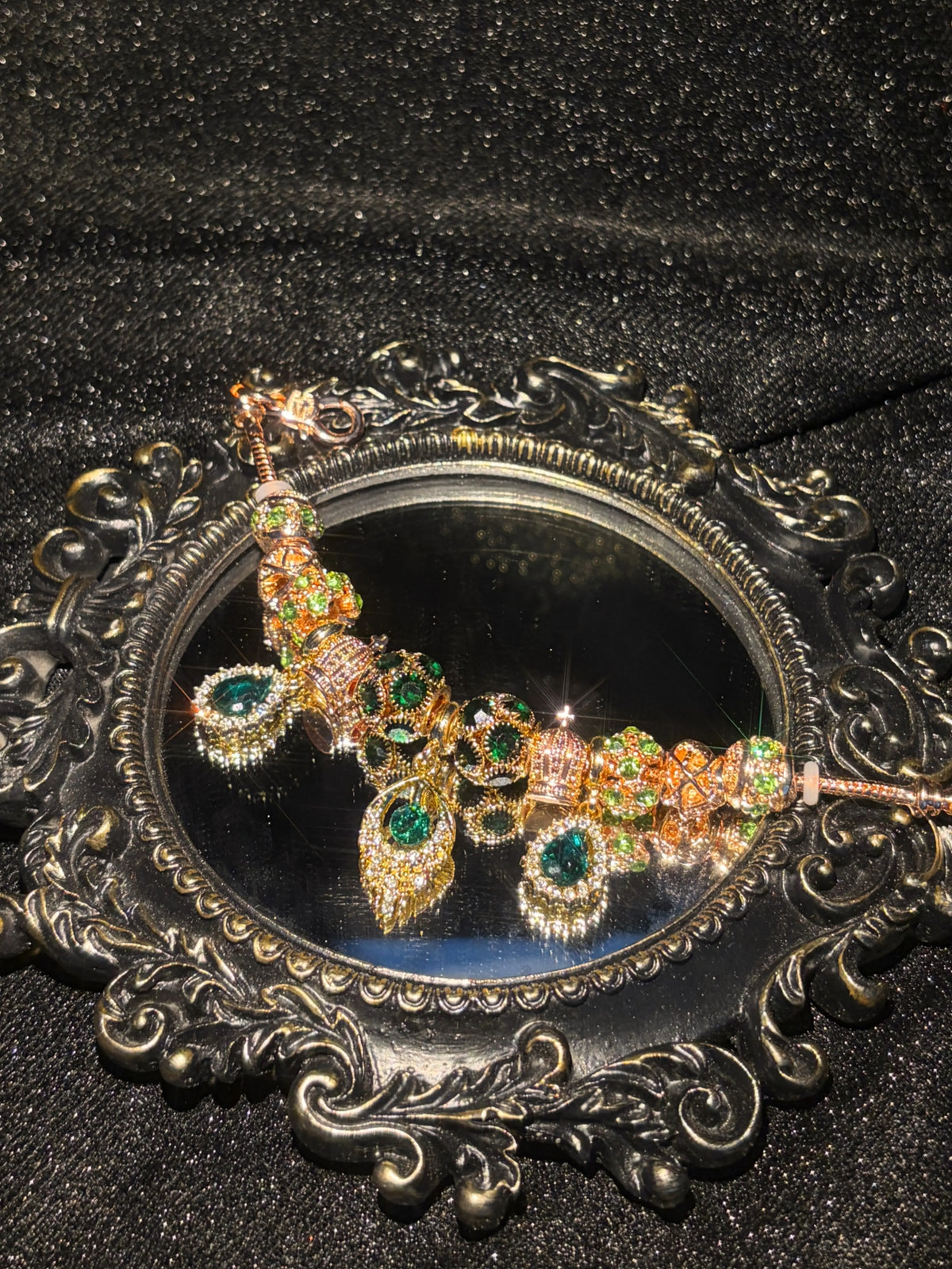 Women's Peacock Feather Charm Bracelet - Rose Gold-Tone Chain, Sparkling Green Crystal Beads, Vintage Elegant Costume Jewelry Gift