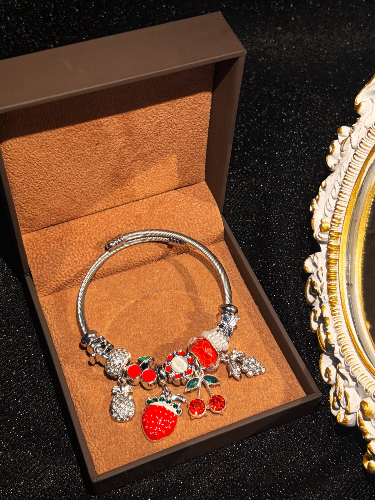 Silver-Tone Open Twist Wire Cuff Bangle, Vibrant Fruit-Themed Charm Bracelet with Strawberry, Cherry, Grape Dangles, Sweet Summer Holiday Gift Jewelry