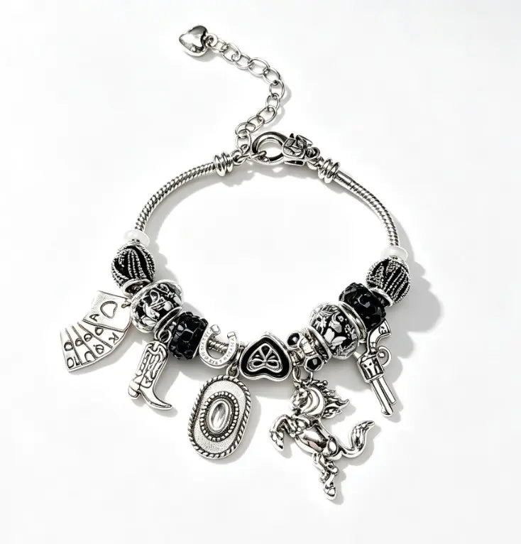 Western Cowboy Charm Snake Chain Bracelet, Unisex Vintage Silver Dangle Bead Bracelet, Cowgirl Horse Gun Boot Pendant Bangle Jewelry Gift for Men Women
