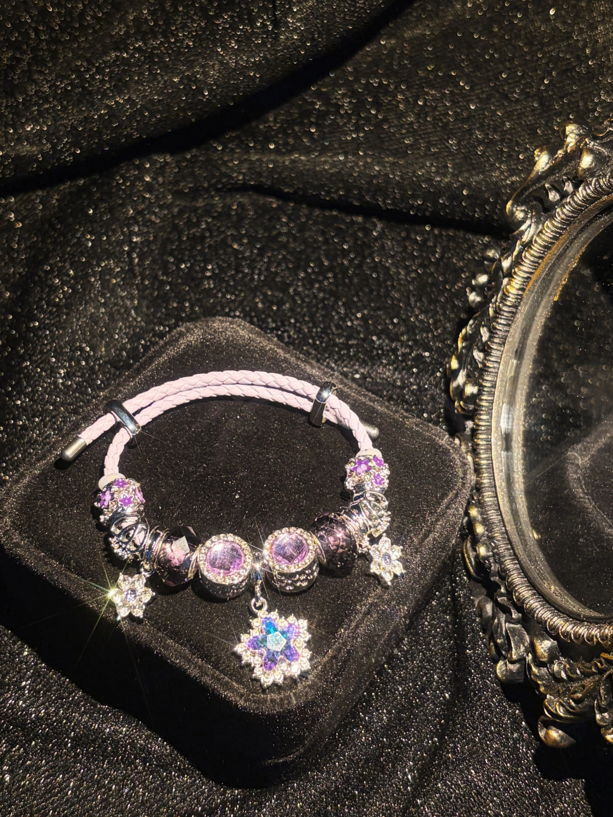 Purple Star & Flower Multi-Charm Braided Rope Bracelet - Sparkly Rhinestone Crystal Decor, Stackable Fashion Jewelry Gift for Women