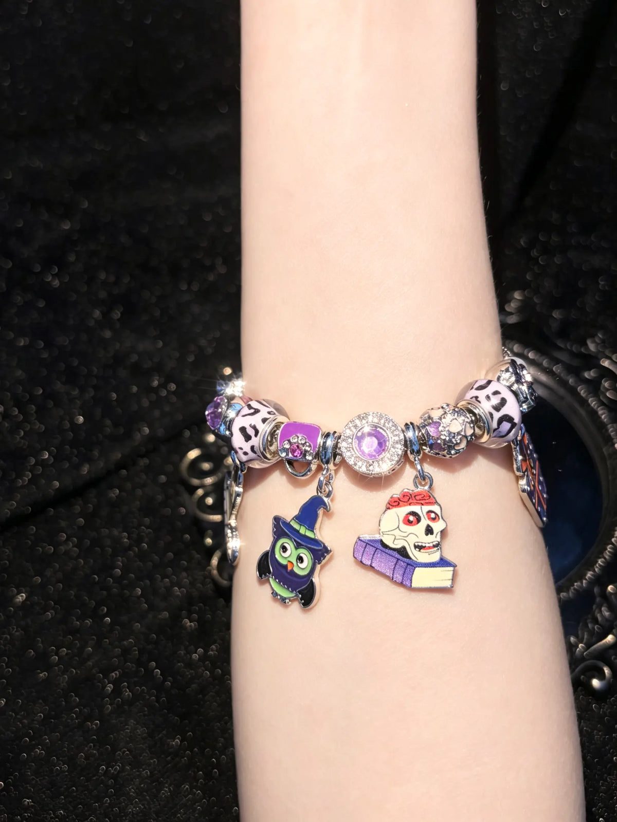 Women's Halloween Theme Silver-Tone Charm Bracelet with Owl, Skull, Candle Gift Box Dangle Charms and Beads - Party Costume Jewelry
