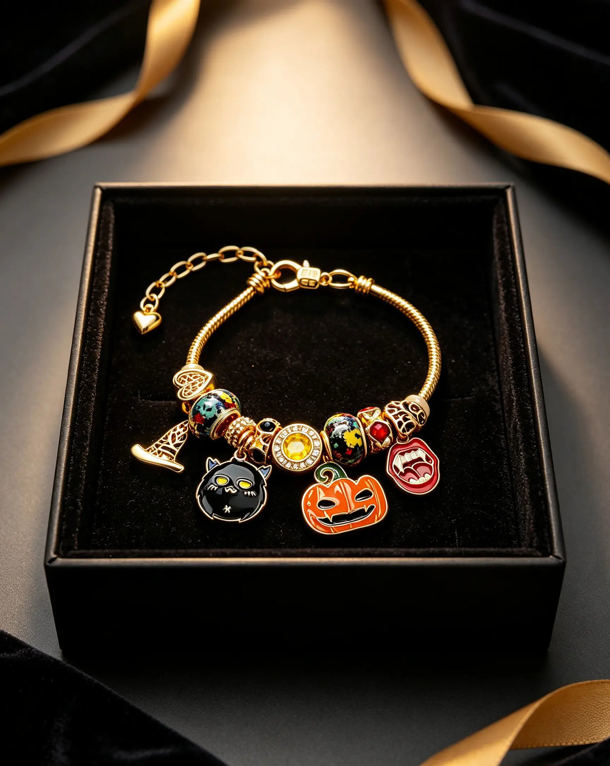 Halloween Charm Bracelet, Gold-Tone Adjustable Snake Chain Bracelet with Pumpkin, Black Devil Cat, Vampire Fangs & Witch Hat Charms, Spooky Cute Halloween Jewelry Gift for Women Girls