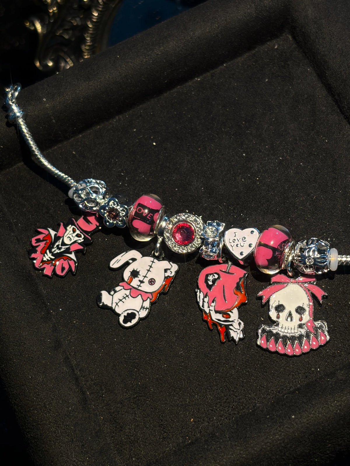 Silver Tone Festival Charm Bracelet - Gothic Cute Dangle Pendants, Stitched Rabbit & Skull Charms, Pink-Black Murano Glass Beads, Shiny Rhinestone Spacer Beads, Adjustable Snake Chain, Y2K Trendy Jewelry for Halloween Party Cosplay
