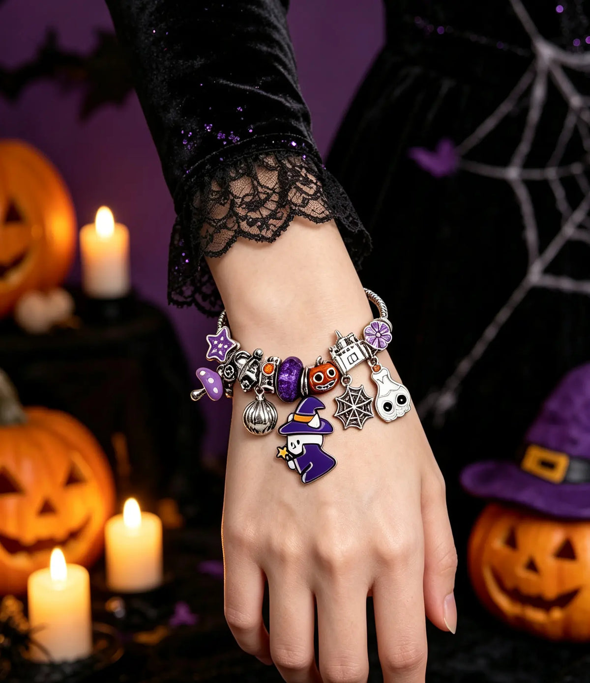 Halloween Witch Cat Charm Bracelet, Adjustable Silver Snake Chain Bangle with Pumpkin Ghost Spider Web Castle Purple Beads, Spooky Holiday Jewelry Gift for Women Teen Girls