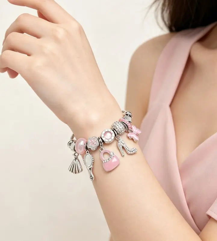 Silver Snake Chain Charm Bracelet, Pink Enamel Handbag High Heels Mirror Butterfly Beaded Bracelet, Sweet Fashion Jewelry Gift for Women Teen Girls
