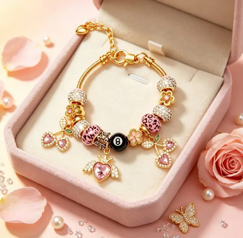 Gold Plated Snake Chain Charm Bracelet with Pink Leopard Print Beads, 8-Ball, Cherry & Winged Heart Crystal Charms, Y2K Cute Dainty Adjustable Jewelry Gift for Women Girls