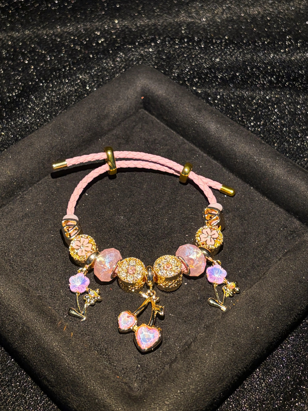 Women's Blush Pink Faux Leather Rope Charm Bracelet - Gold-Tone, Cherry Heart & Flower Crystal Pendants - Sweet Elegant Costume Jewelry Statement Piece