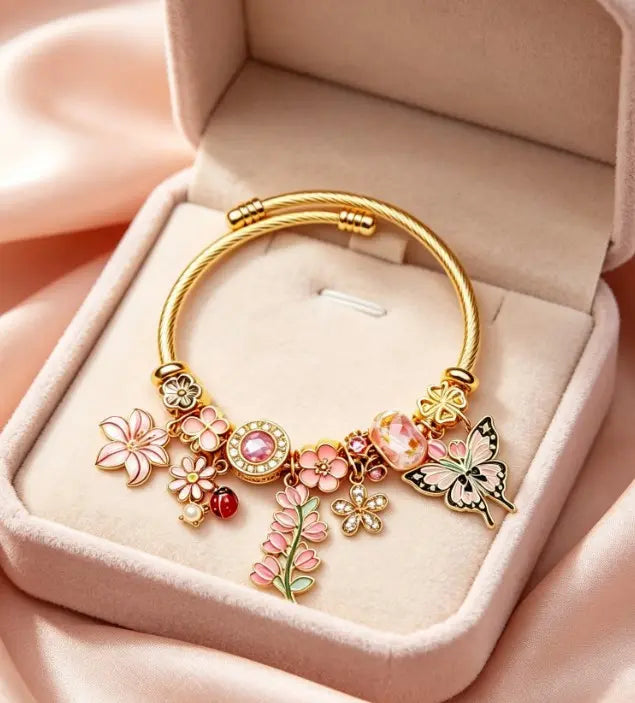 Dreamy Spring Pink Floral Butterfly Charm Gold Cable Bangle, Cute Enamel Lily Sakura Ladybug Crystal Rhinestone Adjustable Wire Bracelet, Aesthetic Jewelry Gift for Women Girls
