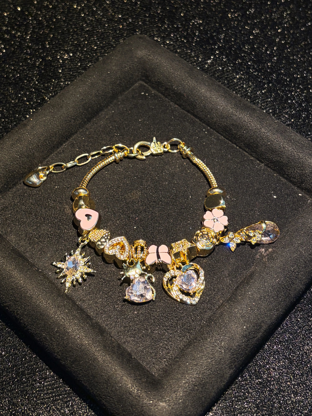 Women's Gold-Tone Adjustable Snake Chain Charm Bracelet - Pink Heart, Butterfly, Flower, Star Crystal Charms - Fashion Costume Jewelry Gift for Ladies