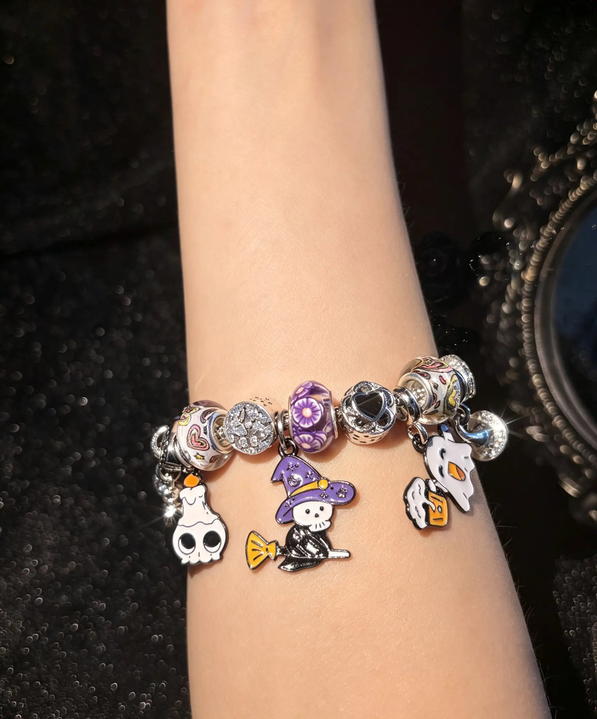 Spooky Cute Halloween Charm Bracelet, Silver Tone Snake Chain Bracelet, Witch Broom Ghost Skull Candle Enamel Dangle Charms, Fun Colorful Large Hole Beads, Halloween Party Costume Jewelry Gift for Her