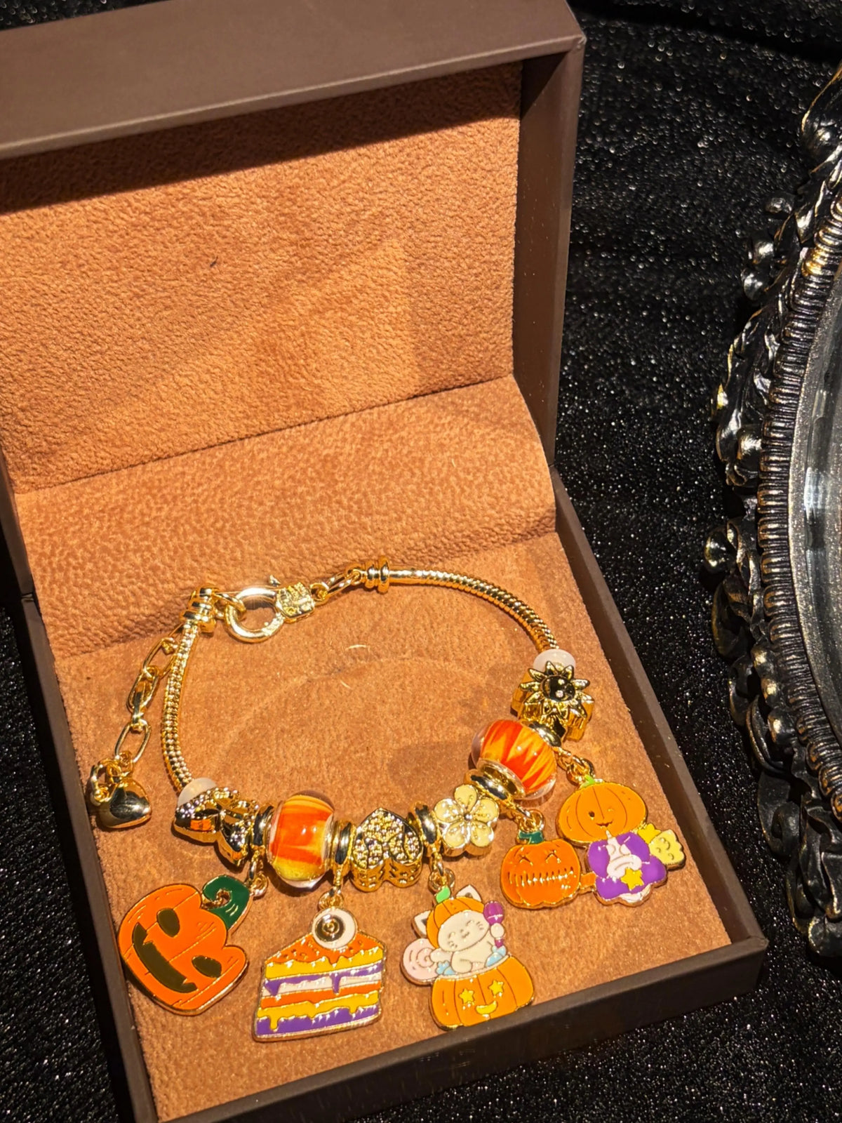 Halloween Themed Charm Bracelet, Gold-Tone Chain with Pumpkin, Kitten, Cake Enamel Charms, Festive Holiday Costume Jewelry Gift for Women
