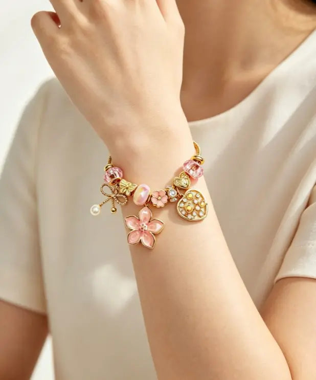 Gold Snake Chain Beaded Bracelet, Pink Flower Enamel Charm Bracelet with Pink Crystal Pearl Rhinestone, Fashion Jewelry Gift for Women