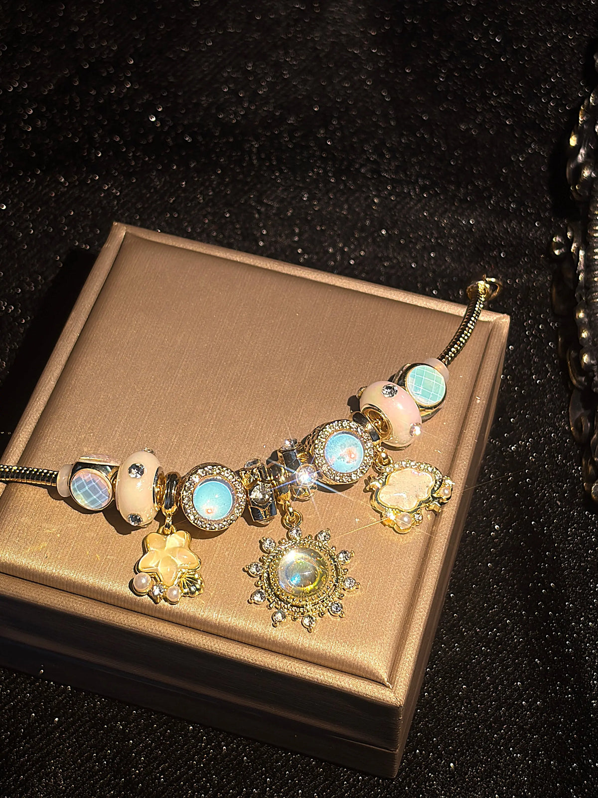Women's Gold-Tone Beaded Bracelet with Dreamy Moonlight Sun Charm, Iridescent Glass Beads and Star Cloud Dangle Charm