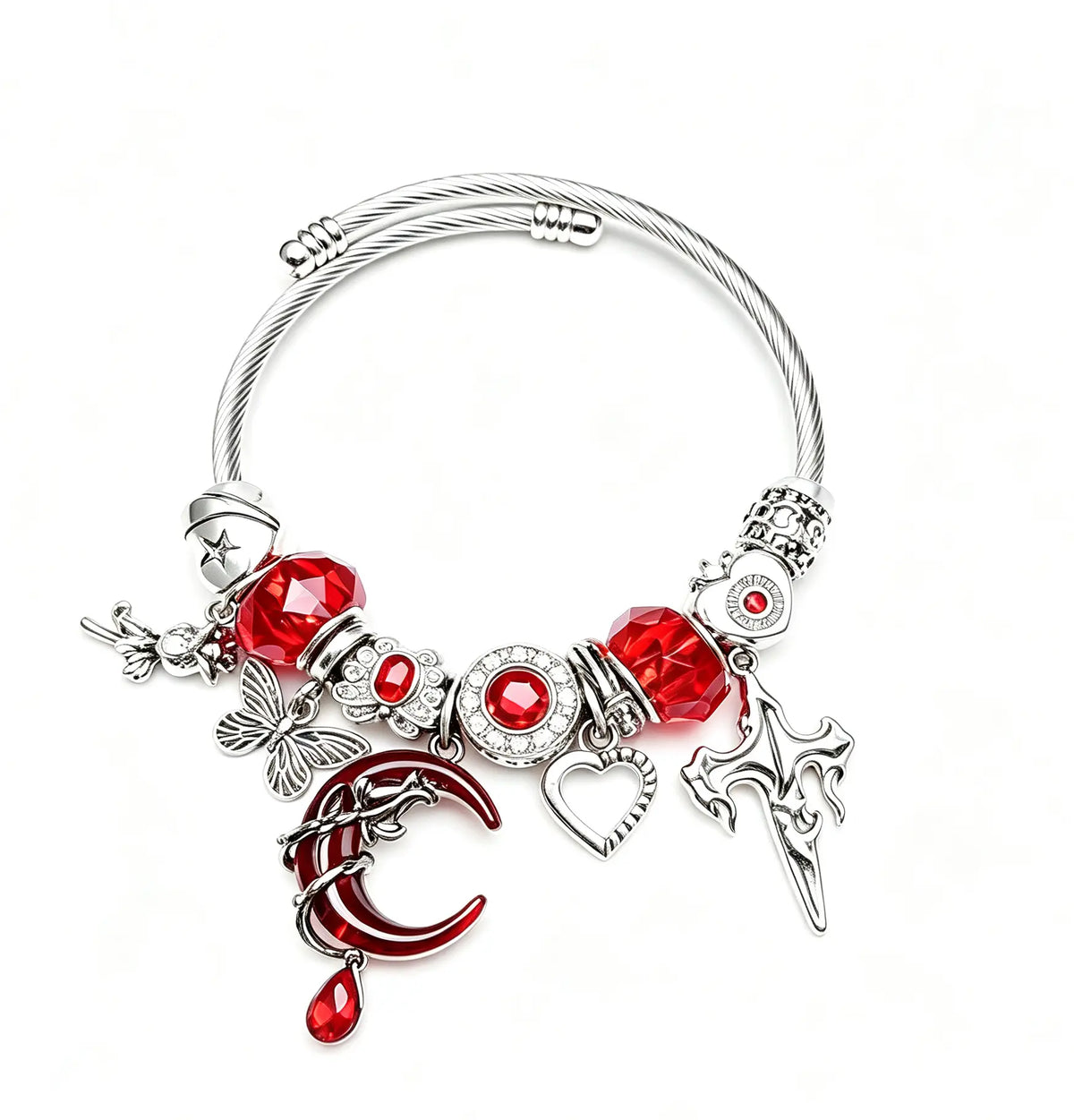 Gothic Red Moon Charm Open Cuff Bracelet, Adjustable Twisted Cable Bangle with Red Crystal, Butterfly Heart Cross Charms, Dark Romance Jewelry Gift for Women