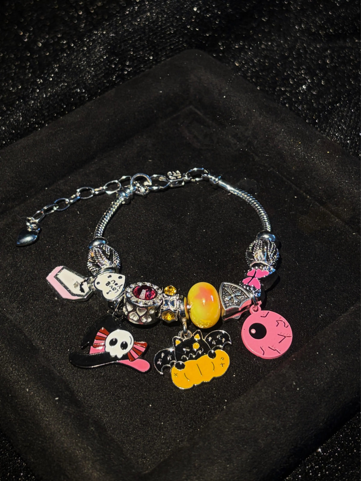 Women's Spooky Cute Halloween Charm Bracelet - Silver-Tone Snake Chain with Pirate Skull, Bat-Pumpkin, Voodoo Doll Enamel Dangles, Pave Crystal Large Hole Beads - Costume Party Jewelry Gift