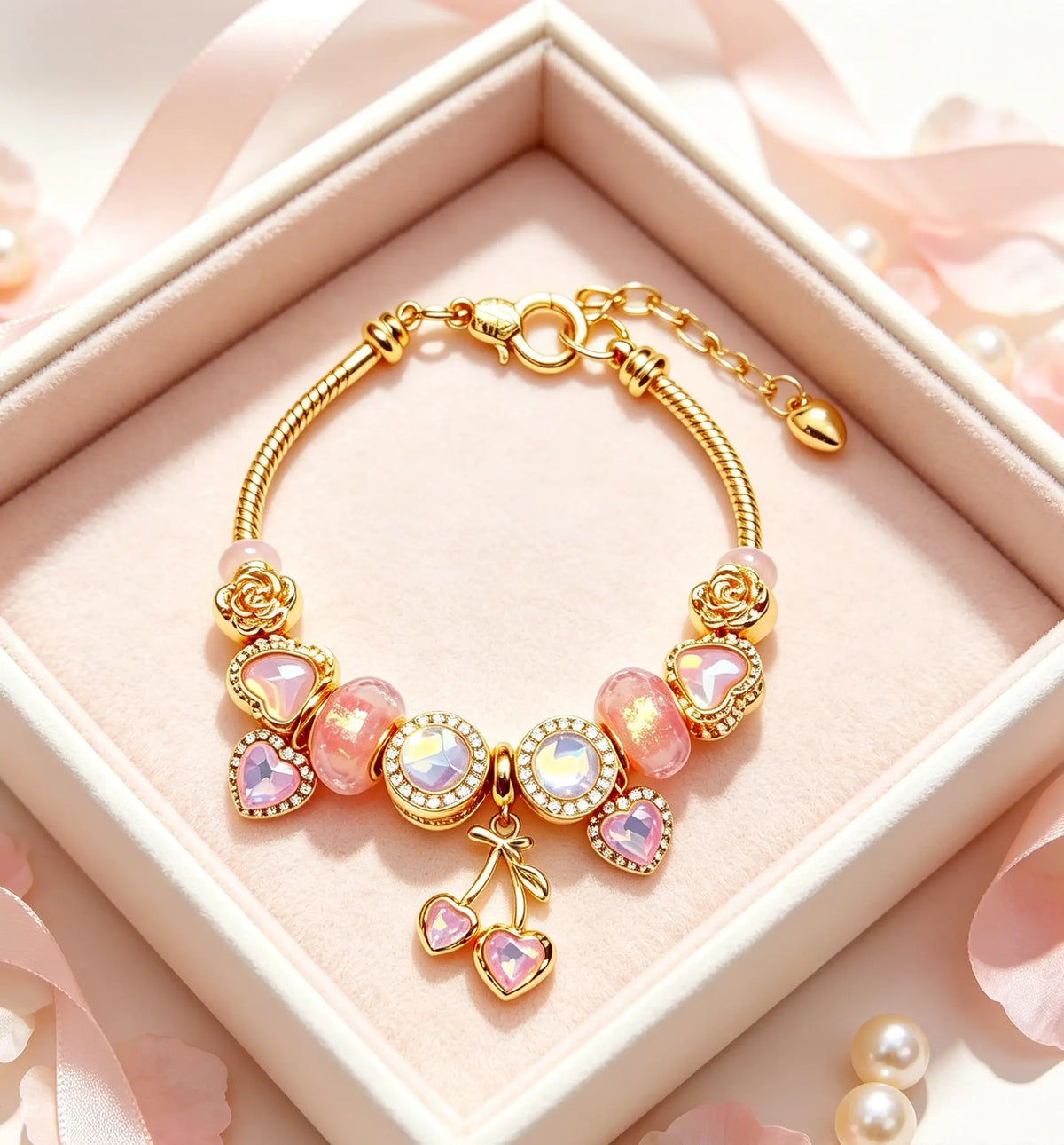 Romantic Pink Heart Charm Bracelet for Women, Elegant Adjustable Bracelet with Sparkling Heart Gemstones, Sweet Jewelry Gift