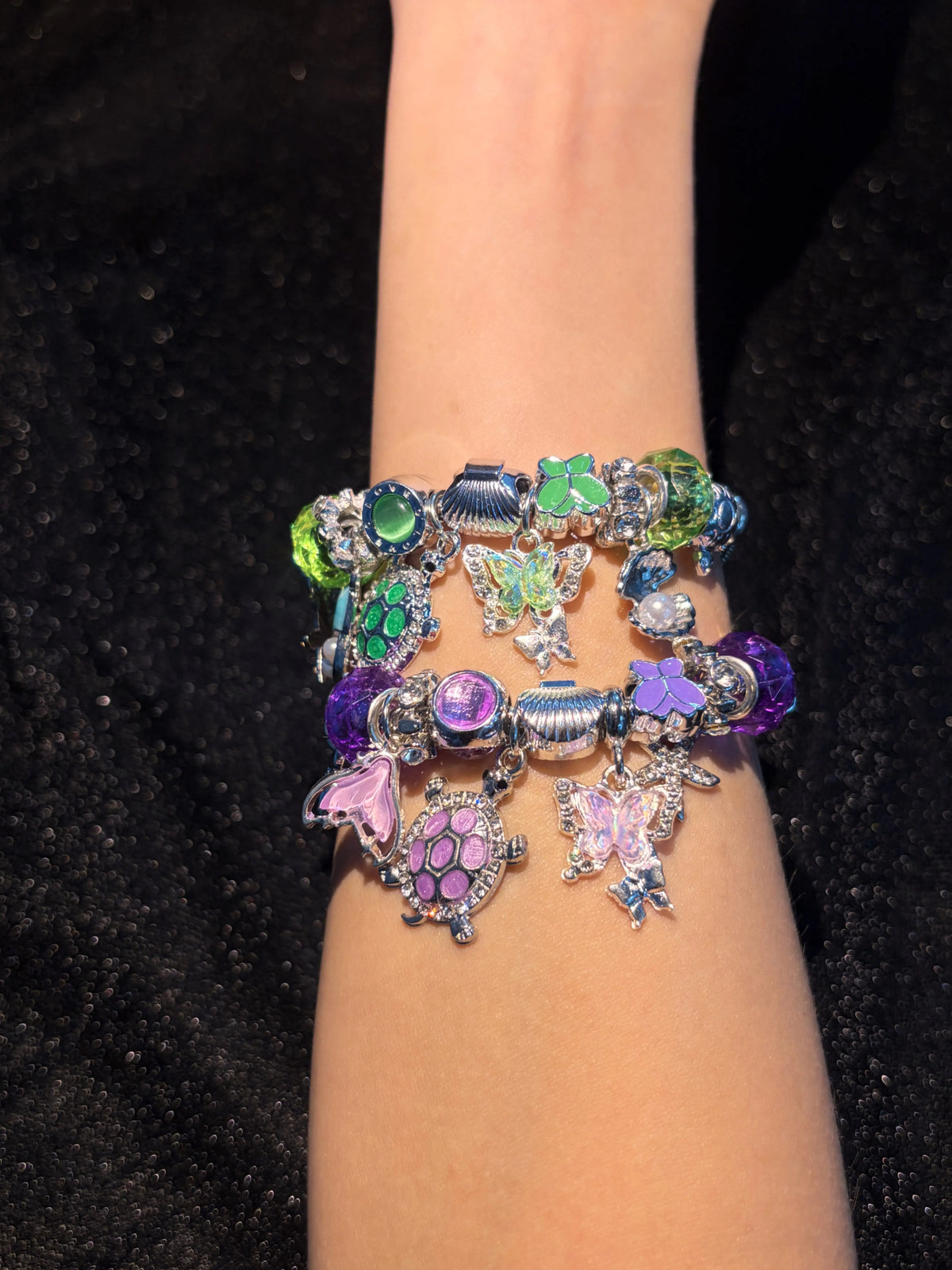 Women's Silver-Tone Ocean Turtle Snake Chain Bracelet, Adjustable Extension Chain, Enamel Turtle Shell Starfish Butterfly Dangles, Purple & Green Crystal Beads, 2-Color Options, Stackable Beach Costume Jewelry Gift