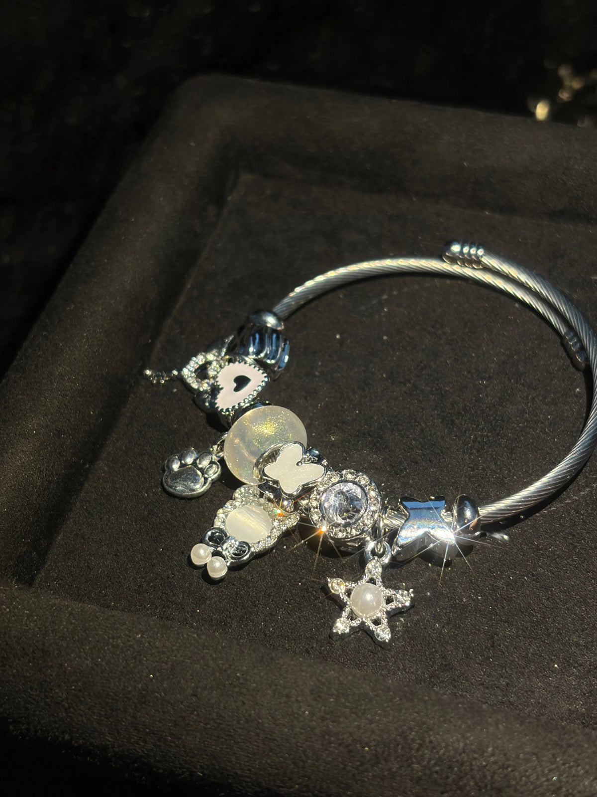 Women's Silver-Tone Open Cuff Bangle Bracelet with Cat Paw, Heart, Star, Butterfly Dangle Charms - Costume Jewelry Gift